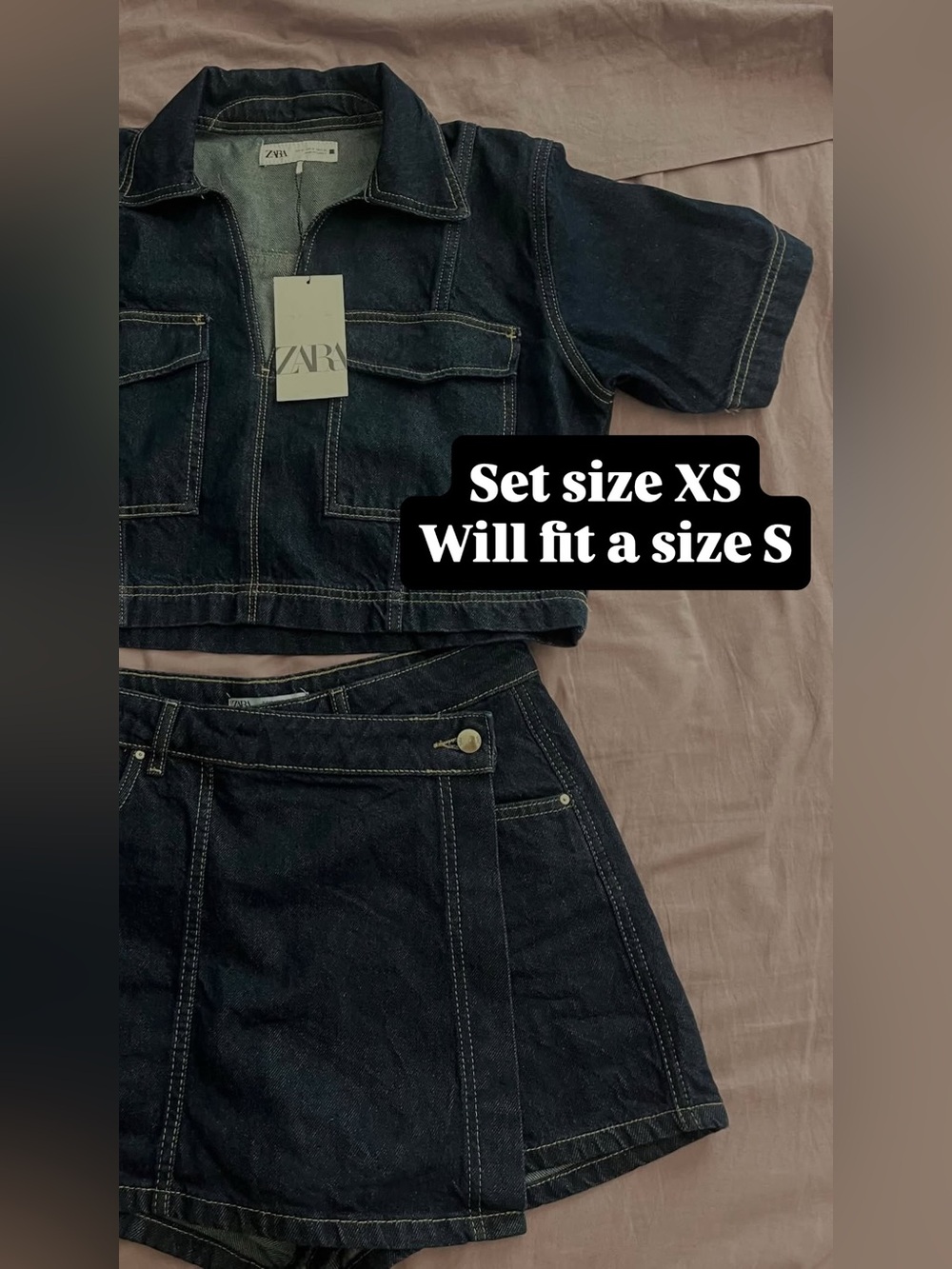 Zara Dark Indigo Denim Crop Jacket & Mini Skirt Set